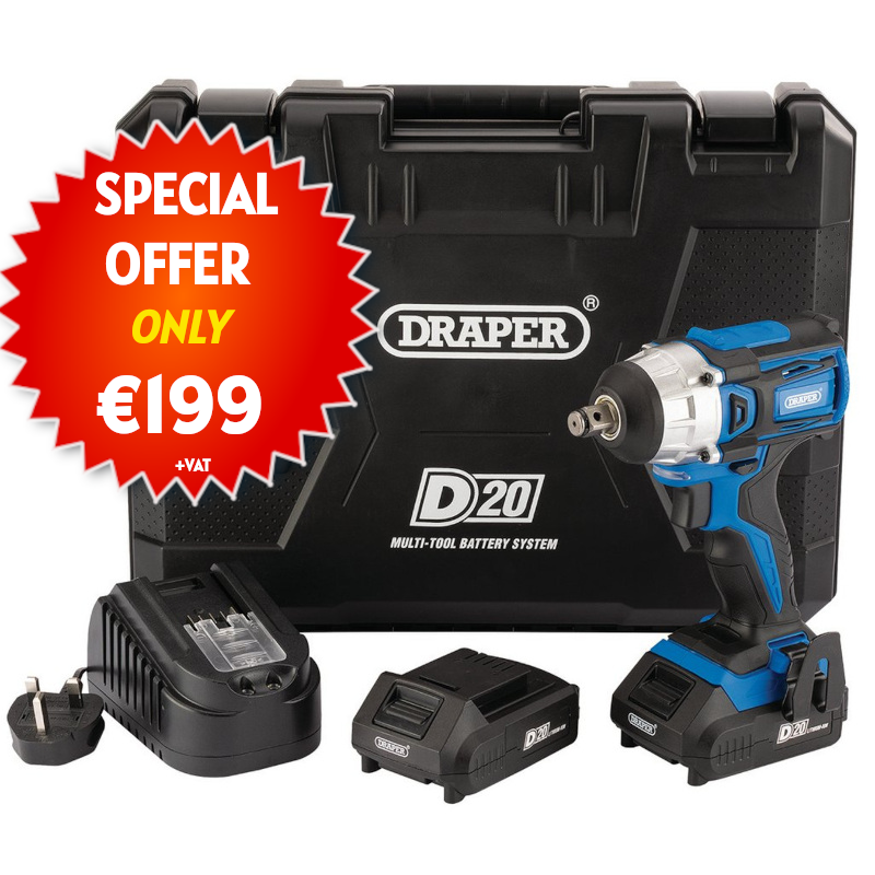 Draper D20 20V Brushless Impact Wrench, 1/2" Sq. Dr., 250Nm, 2 x 2.0Ah Batteries, 1 x Charger