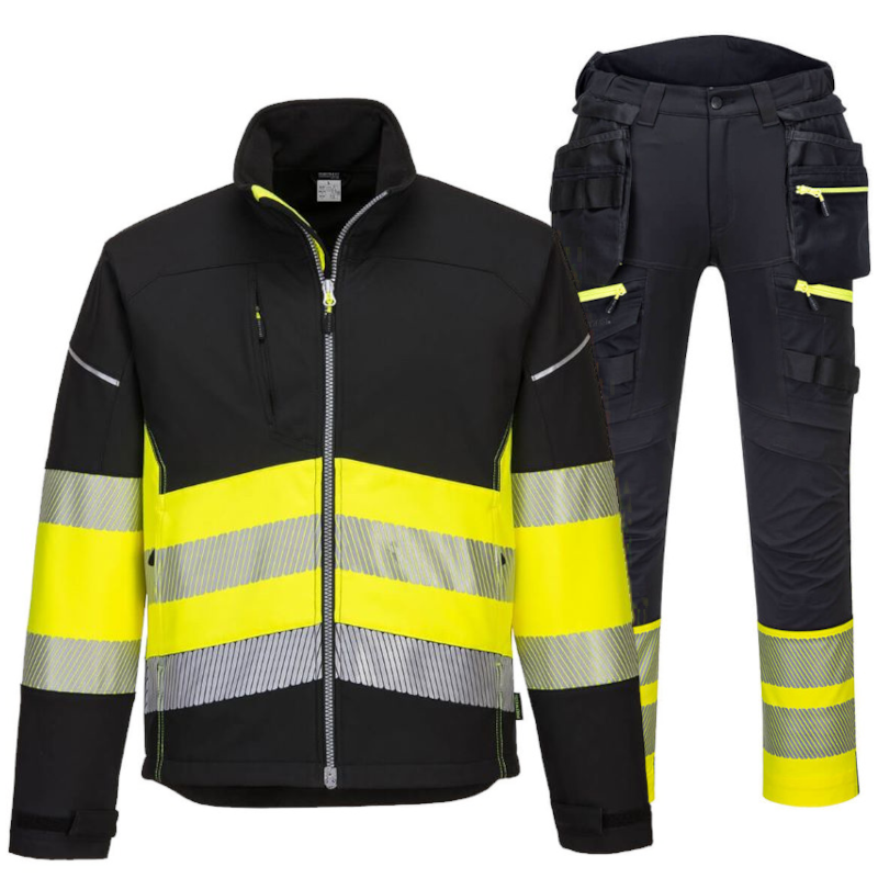 PW3 Hi-Vis Softshell Jacket and DX4 Hi-Vis Detachable Holster Pocket Trousers