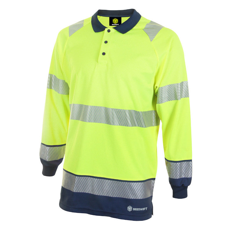 Beeswift Deltic Hi-vis Two Tone Long Sleeve Polo Shirt Saturn Yellow / Navy