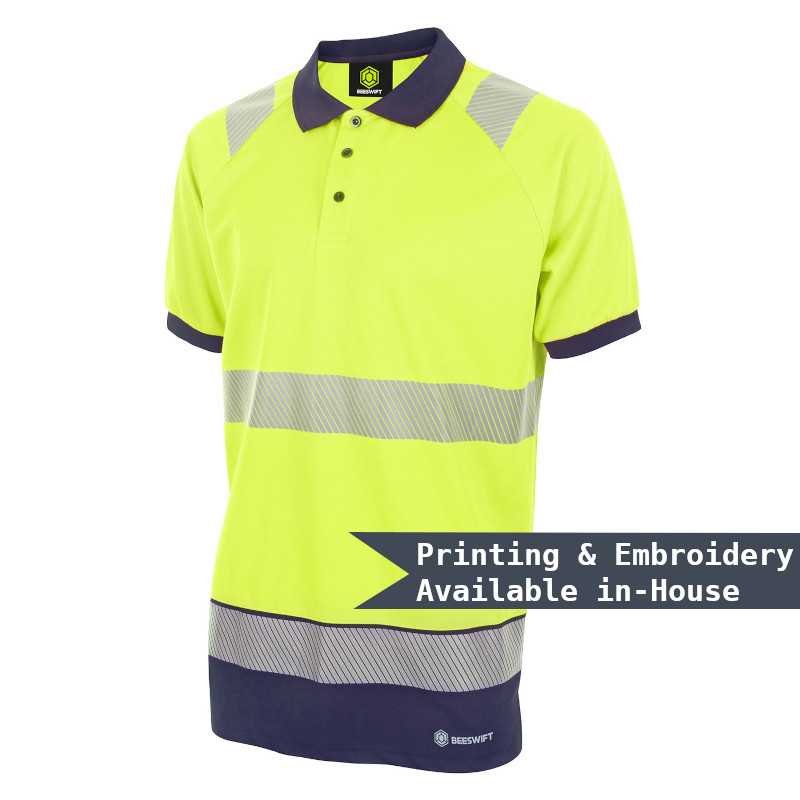 Beeswift Deltic Hi-vis Two Tone Short Sleeve Polo Shirt Saturn Yellow / Navy