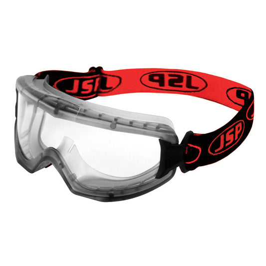 JSP EVO® Single Lens Safety Goggles - Clear Anti-scratch/Anti-mist Lens - Black / Red Strap
