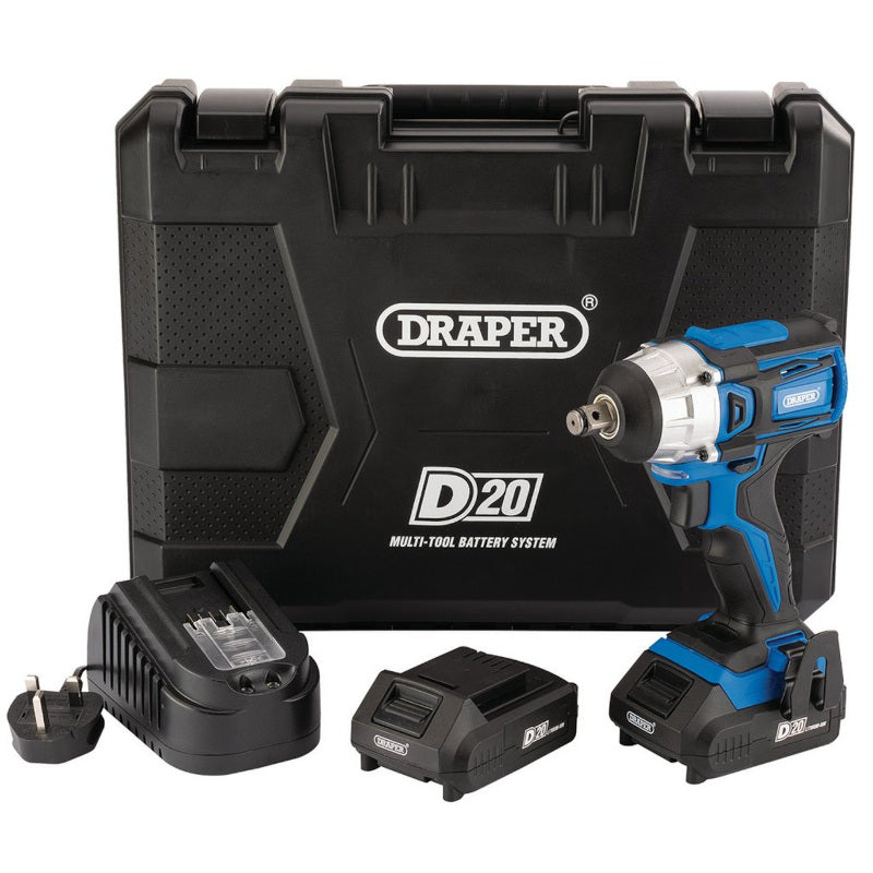 Draper D20 20V Brushless Impact Wrench, 1/2" Sq. Dr., 250Nm, 2 x 2.0Ah Batteries, 1 x Charger