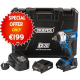 Draper D20 20V Brushless Impact Wrench, 1/2" Sq. Dr., 250Nm, 2 x 2.0Ah Batteries, 1 x Charger