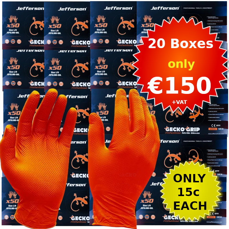 Jefferson Orange Gecko Grip Nitrile Gloves XL (20 Boxes of 50)