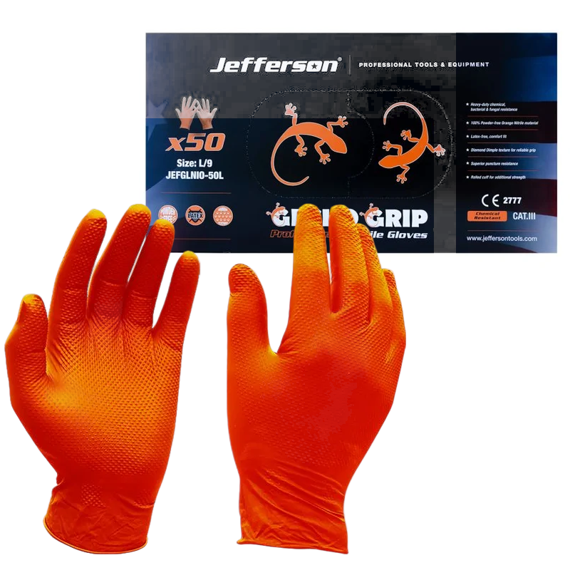 Jefferson Orange Gecko Grip Nitrile Gloves XL (20 Boxes of 50)
