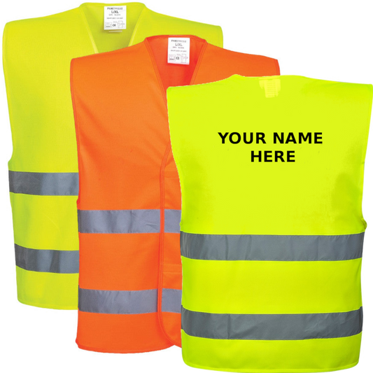 PORTWEST HI-VIS TWO BAND VEST (PACK OF 20 WITH NAME AND NUMBER)