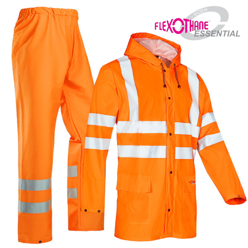 Sioen Eshton Hi-Vis Orange Rain Jacket with Fixed Hood & Bastogne Hi-Vis Rain Trousers