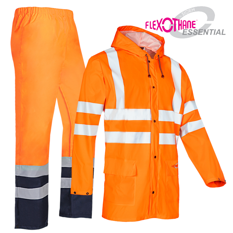 Sioen Eshton Hi-Vis Orange Rain Jacket with Fixed Hood & Norvill Hi-Vis Rain Trousers