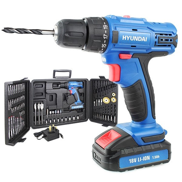 Hyundai 18v 1.5AH Li-Ion Cordless Drill with 89 Piece Drill Accessory Kit