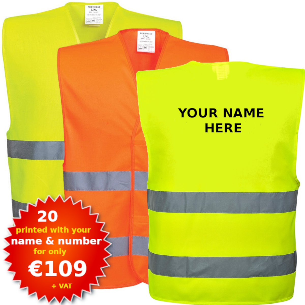 PORTWEST HI-VIS TWO BAND VEST (20 PRINTED WITH NAME AND NUMBER)
