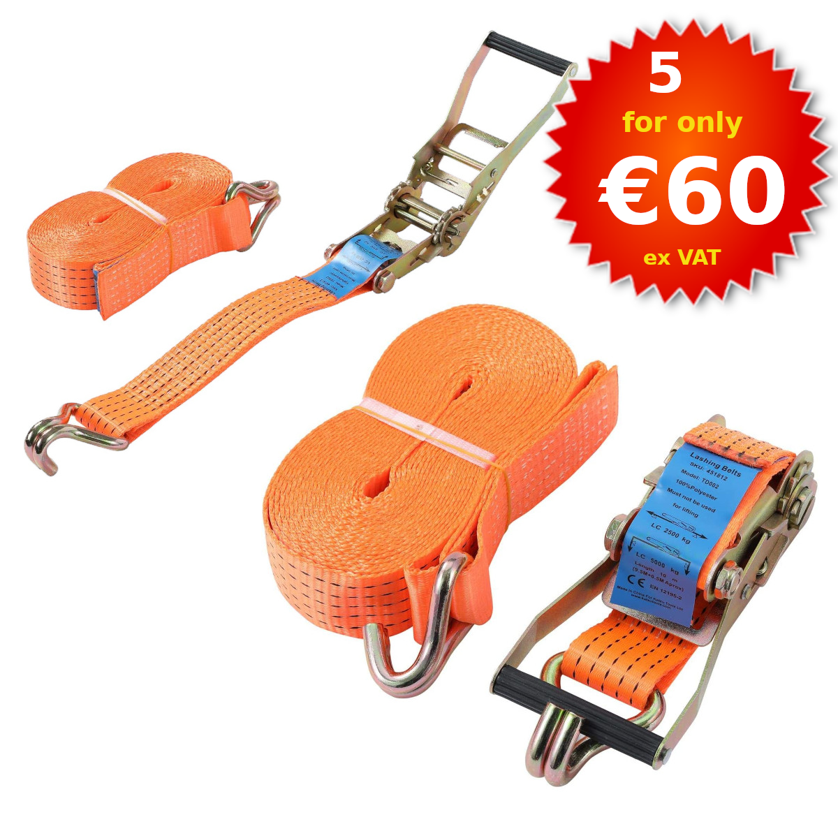 5 Tonne Ratchet Strap Orange (Pack of 5)