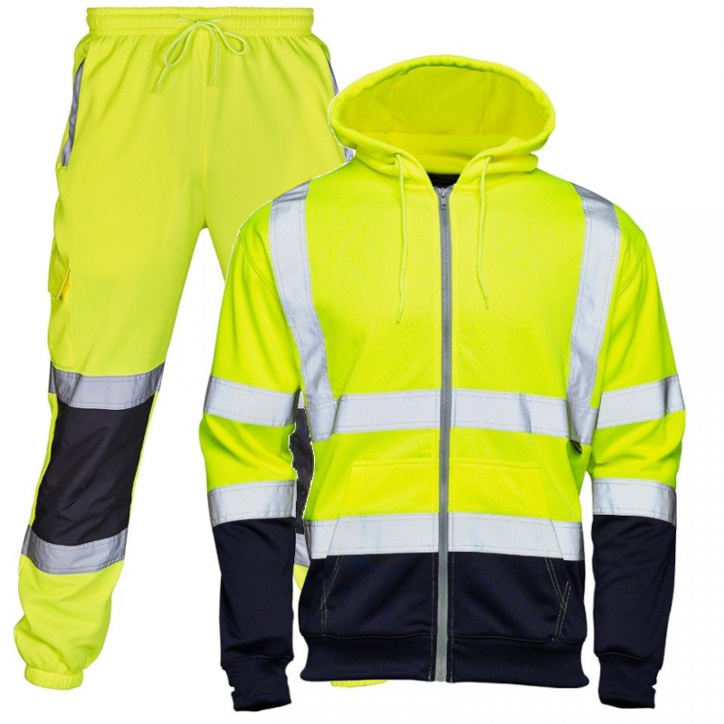 Supertouch Hi Vis Yellow 2 Tone Hooded Zipped Sweatshirt and Jogging Bottoms